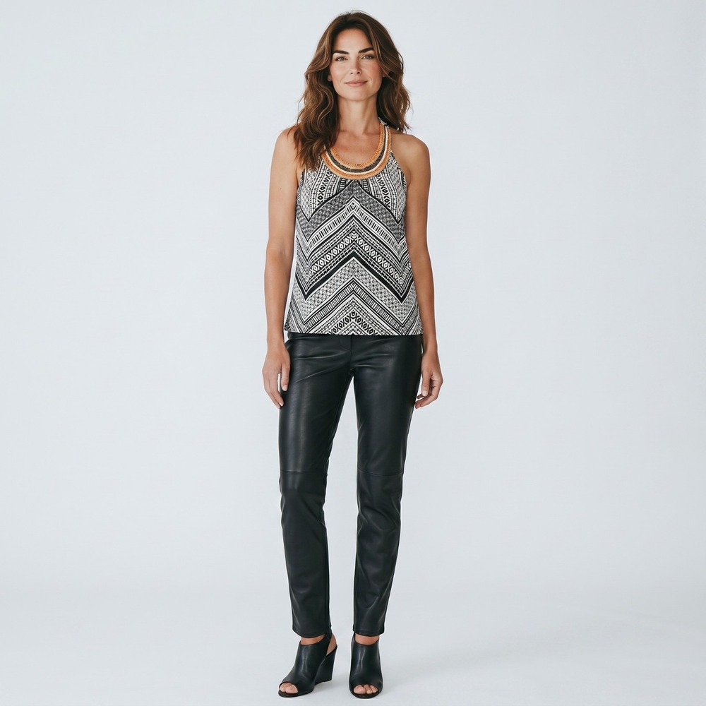 INC Womens Tribal Tank Black/White Sz L Sleeveless Beaded Festival Boho Y2K